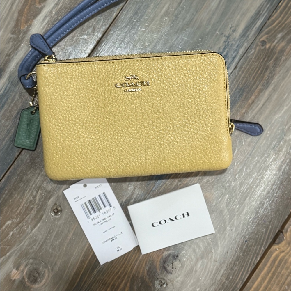 NWT Coach Double Corner Zip Yellow/Pink Colorblock Leather Wristlet